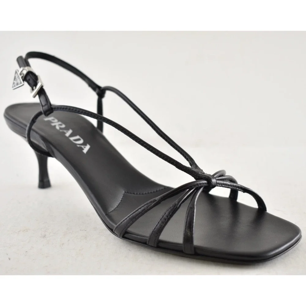 Prada Capretto Strappy 55mm Black Leather Slingback Sandal Mule Kitten Heel 38.5 - Picture 6 of 16